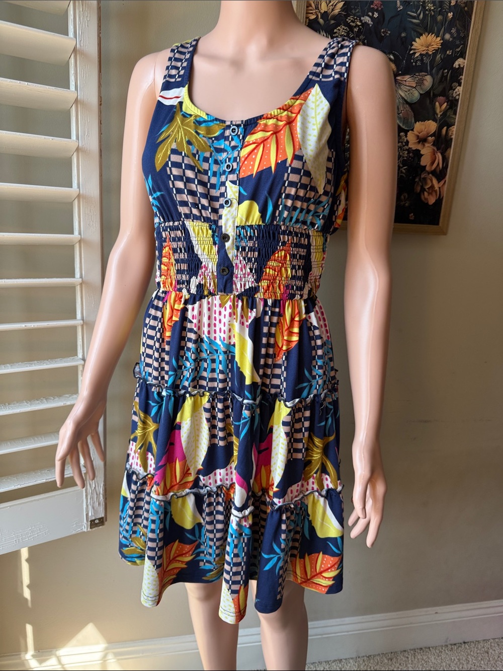 Navy Multicolor Tropical Print Sleeveless Sundress